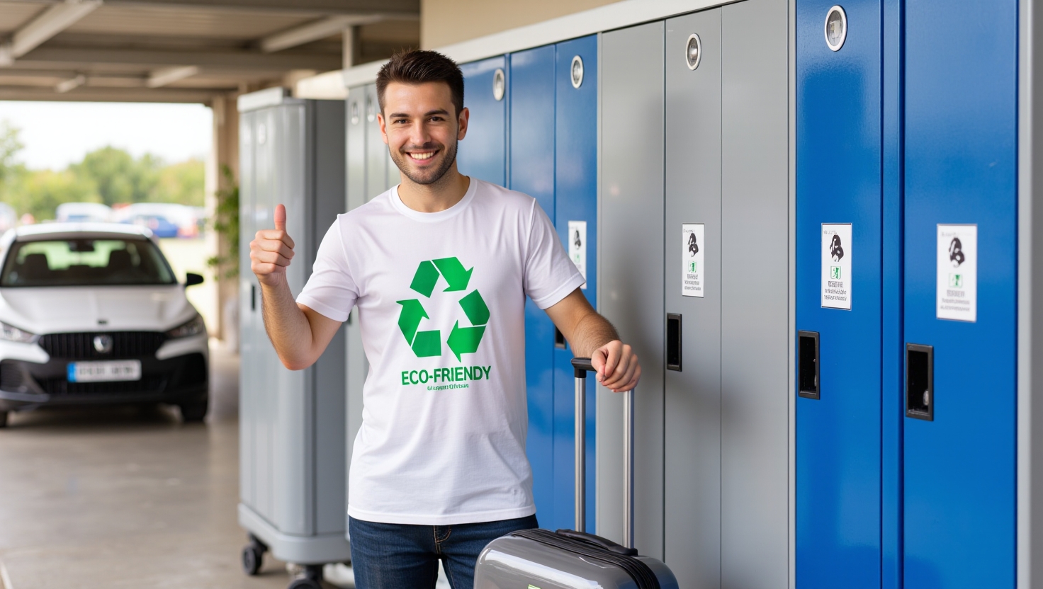 Podróżni z wypożyczonymi walizkami na tle ekologicznych podróży