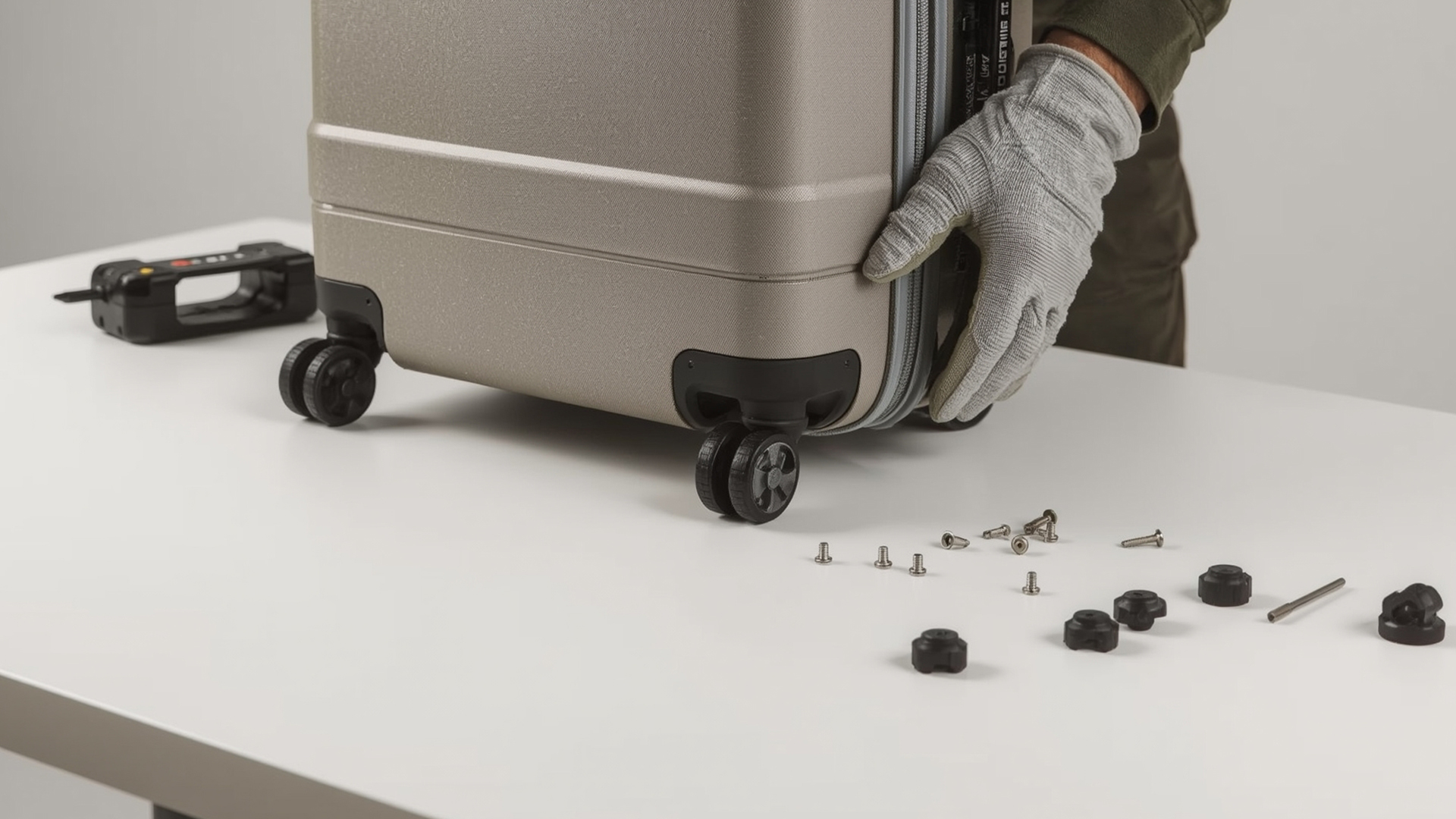 Drobne komponenty walizek, takie jak kółka i zamki